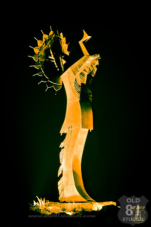 Remastered Close up from the west bank of the arkansas river a Photograph of The Keeper of the Plains in Wichita Kansas.  Close up, full frame.